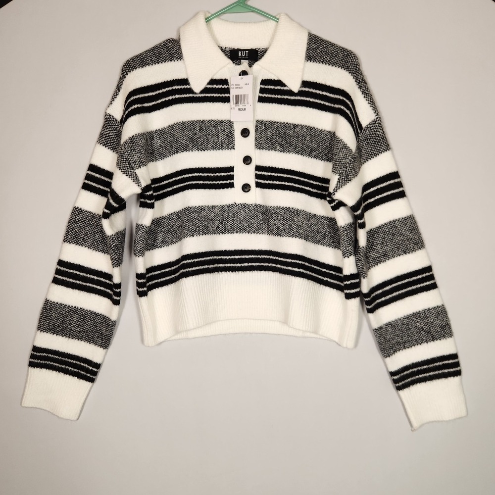 NWT Kut From The Kloth Lilia Boxy Half Button Sweater Stripe Medium $99